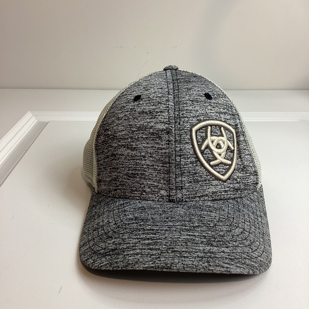 Ariat Mens Gray Heather Cream Trucker Hat Flexfit 110 Snapback Cap Logo Shield